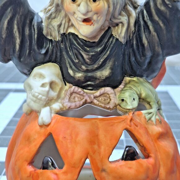 Vintage Creepy Halloween Witch Tealight Pumpkin Green Lizard Skull Tall Taiwan - Picture 3 of 11